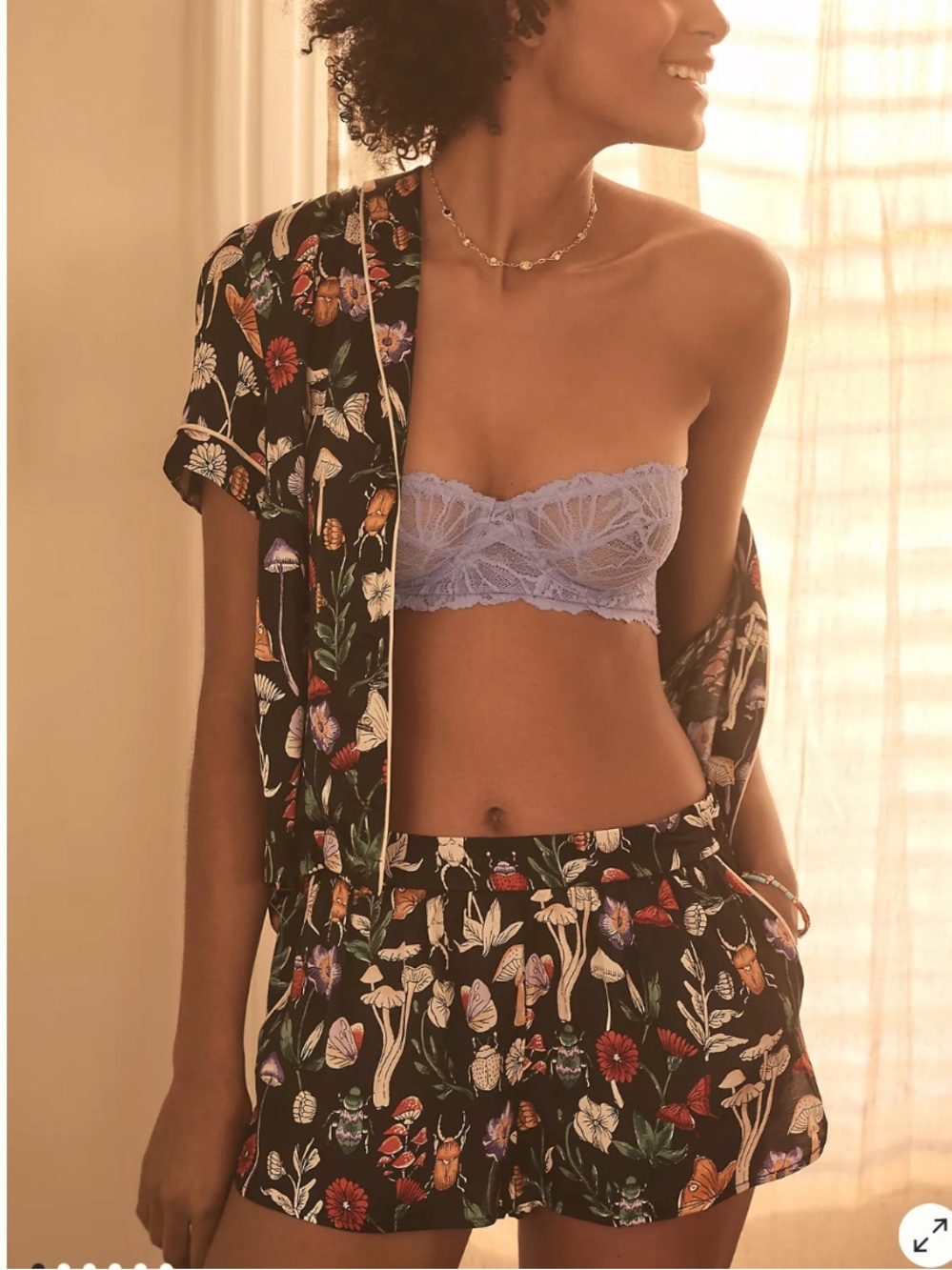 Anthropologie Silky Patterned Pajama Set Mushroom Print Top & Bottom